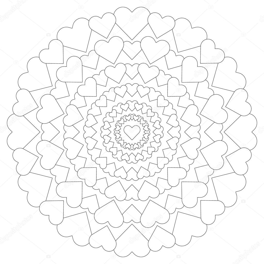 Adulte de vecteur tous les cercles livre page épris de mandala de coeur noir et blanc   colorier – Illustration