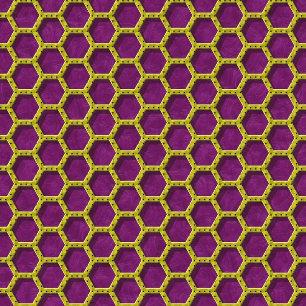 Gold yellow hexagon wire mesh seamless pattern texture on purple background — ストック写真