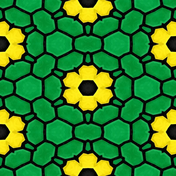 Verde mármore pedra mosaico sem costura padrão textura fundo com flores amarelas — Fotografia de Stock