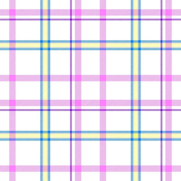 Branco cheque diamante tartan xadrez tecido sem costura fundo textura padrão com tiras rosa, roxo, amarelo e azul — Fotografia de Stock