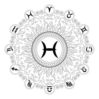 siyah ve beyaz yuvarlak zodyak sembolü balık - yetişkin renklendirme kitabı sayfası ile geometrik mandala