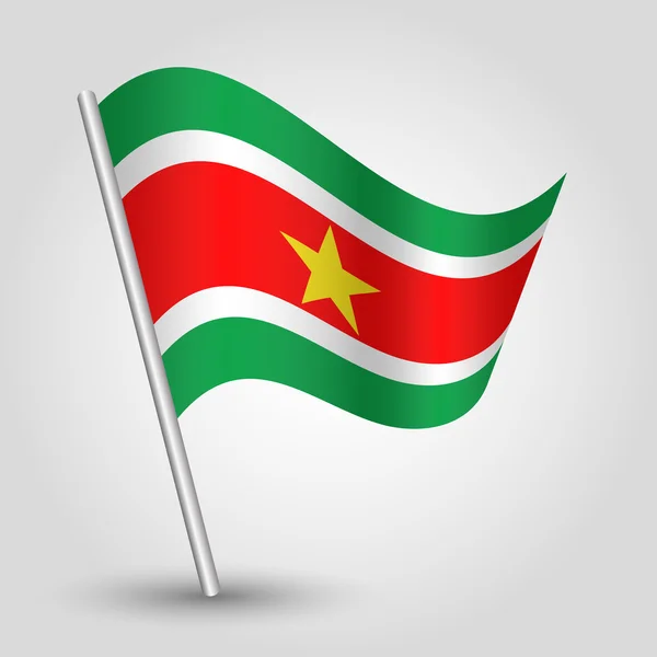 Vector ondeando bandera surinamesa triángulo simple en poste de plata inclinada icono de la república de surinam con palo de metal — Vector de stock