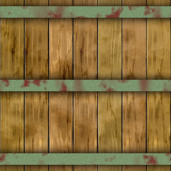 Old wood plank barrel wood plank seamless pattern texture background with three rusty metal hoops — Stock Photo, Image