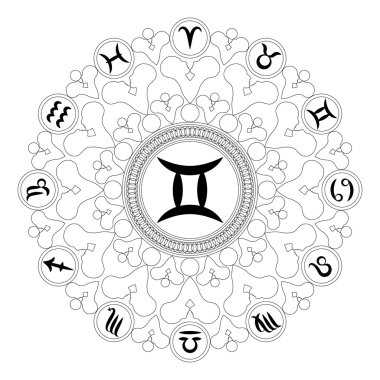 vektör siyah ve beyaz yuvarlak zodyak gemini - yetişkin renklendirme kitabı sayfası sembolü ile geometrik mandala