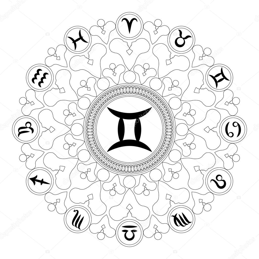 Vector black and white round geometric mandala with zodiac symbol of gemini adult coloring book page — Vector by Ardely