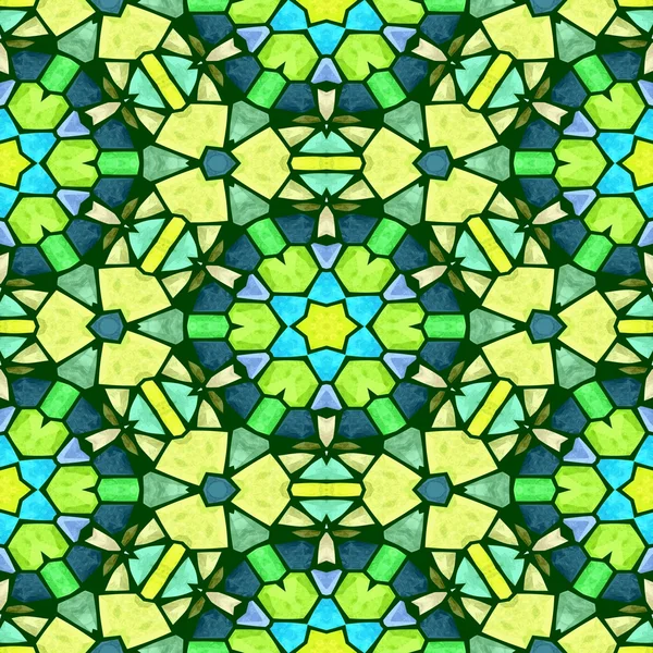 Glass kaleidoscope mosaic seamless pattern texture background in green, blue and yellow colors — Stock Photo, Image