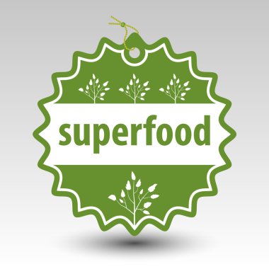 vektör yeşil superfood yuvarlak damga etiketi etiket dize ve boncuk ve beyaz bitki silueti ile