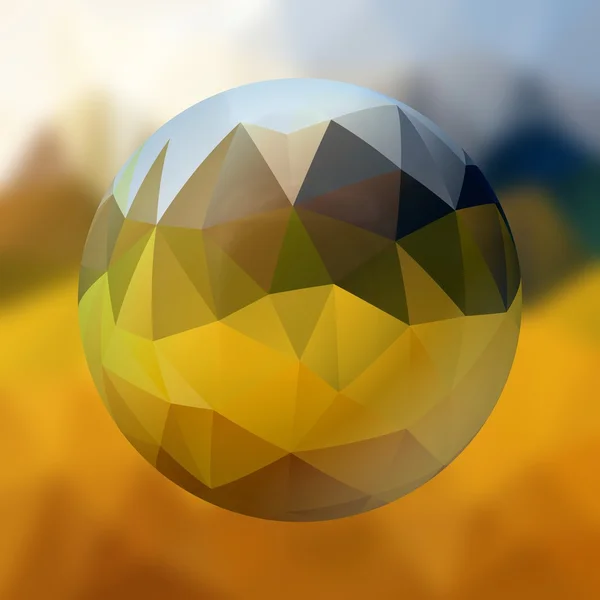 Esfera de vidrio con patrón de polígono sobre fondo borroso amarillo y azul — Foto de Stock