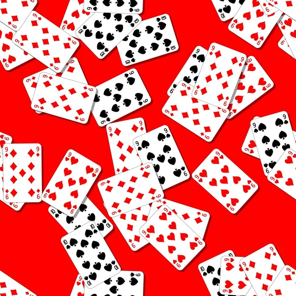 Fondo de textura de patrón sin costuras con cartas de juego dispersas irregularmente en la mesa roja —  Fotos de Stock