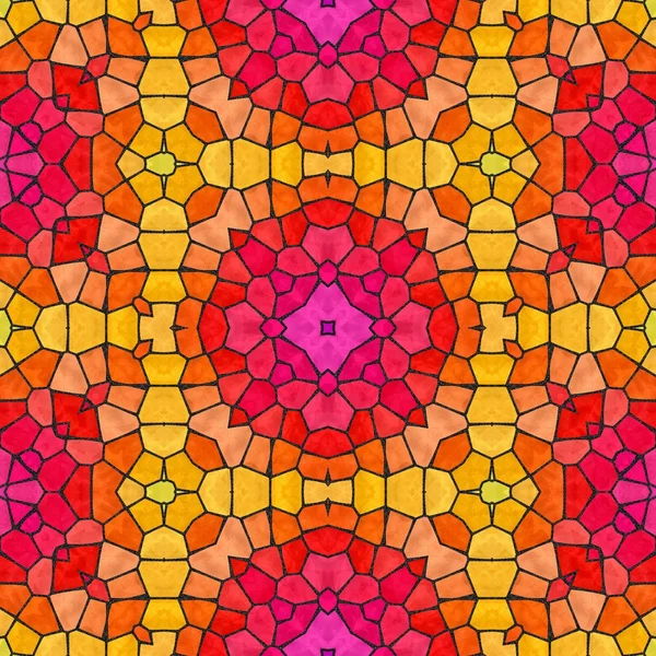 Mosaic kaleidoscope seamless pattern texture background - vibrant pink, red, yellow and orange colored with black grout — Stock Photo, Image