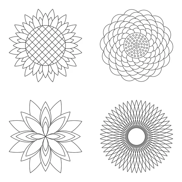 Set of four vector floral simple mandalas - rose, sunflower, lotus and aster - black and white adult coloring book pages — Stock Vector