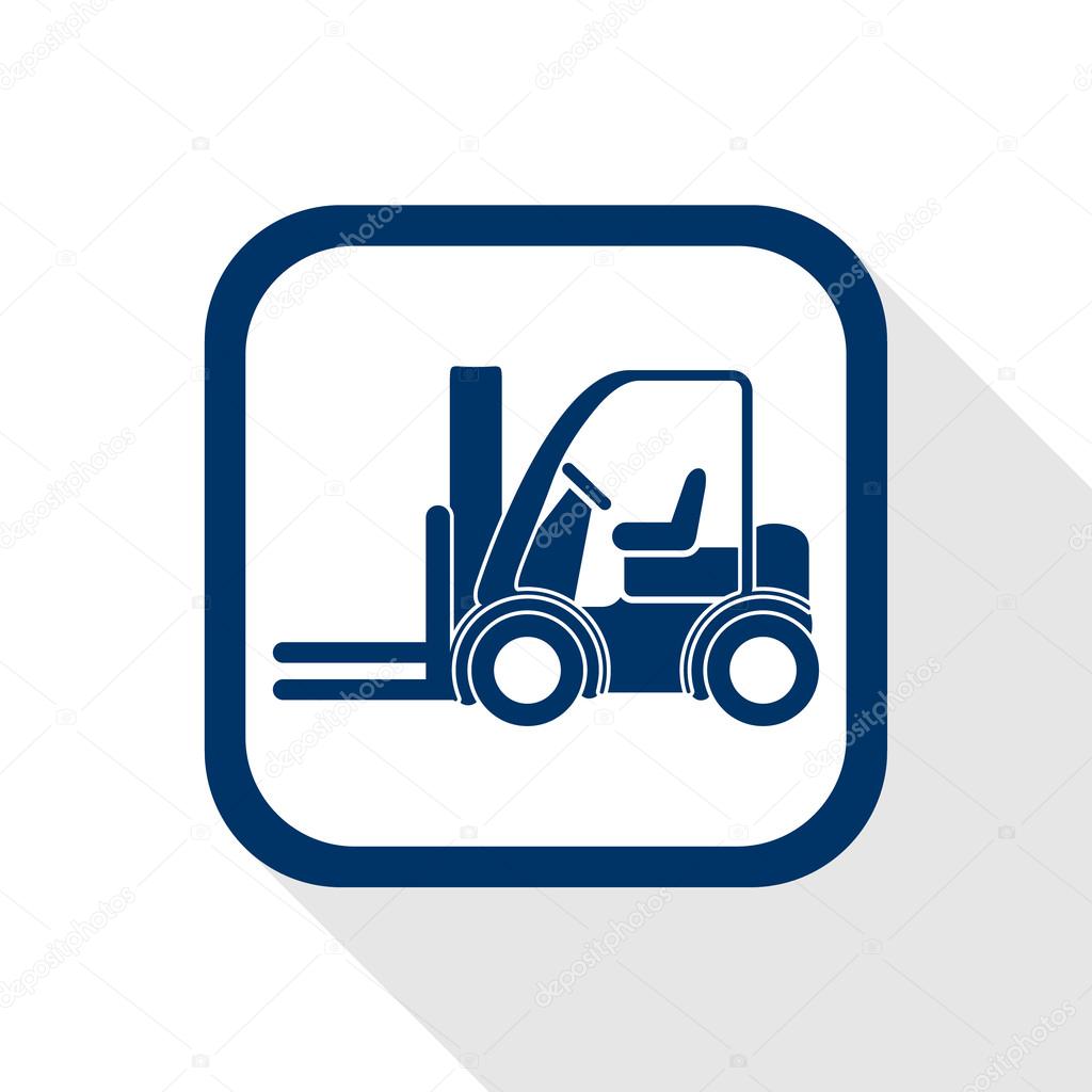 Square blue icon forklift truck with long shadow