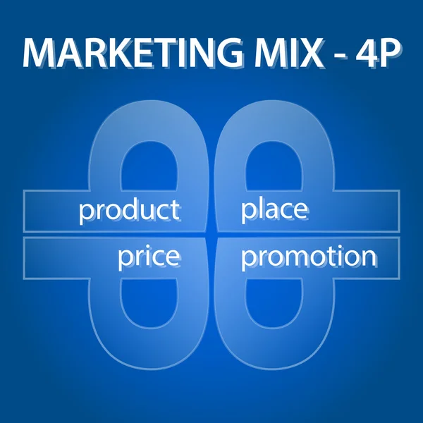 Modèle infographique de mix marketing sur fond bleu - 4 P — Image vectorielle