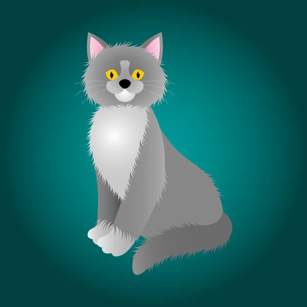 Cartone animato di gatto grigio peloso con occhi gialli sul mare sfondo verde — Vettoriale Stock