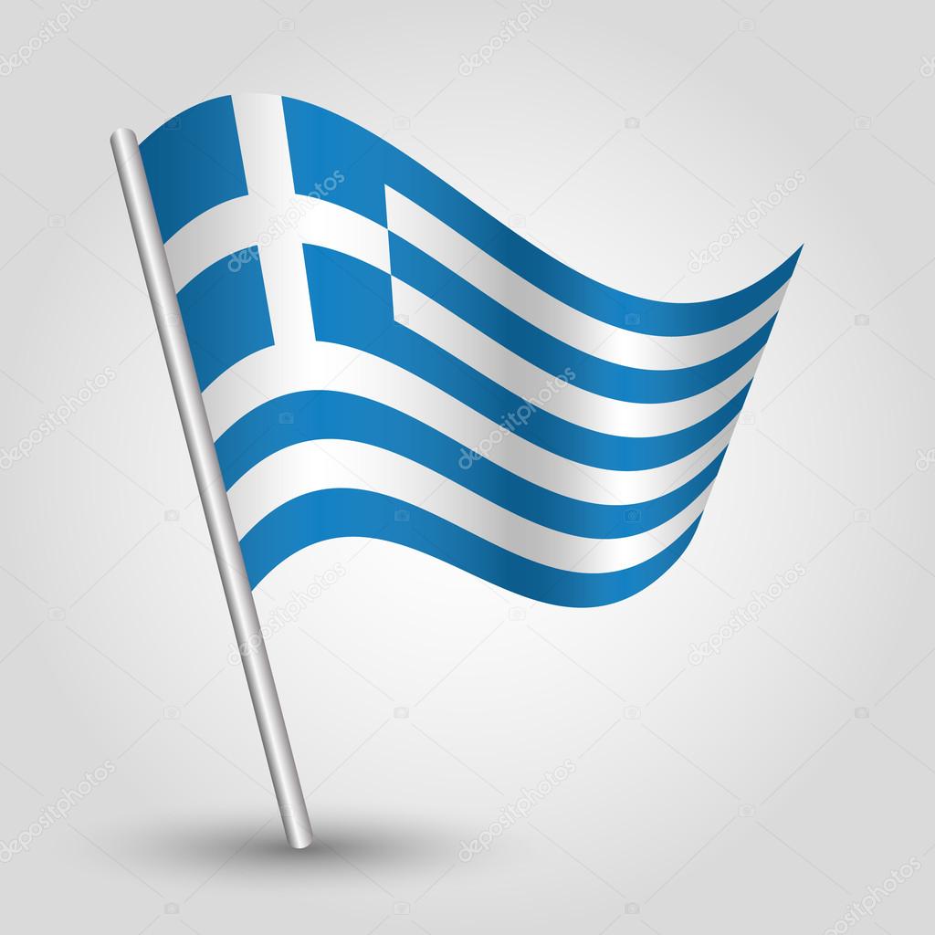 Vector waving triangle greek  flag on pole - national symbol of greece with inclined metal stick