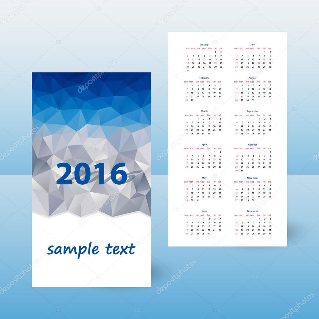 Year pocket calendar 2016 - blue polygonal triangular design  - mountains