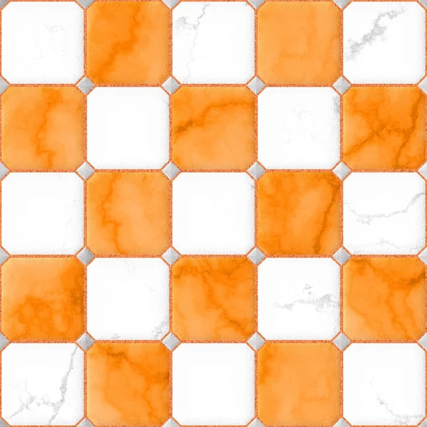 Ubin lantai persegi marmer oranye dan putih dengan rhomb abu-abu dan latar belakang tekstur pola tak berjahit — Stok Foto