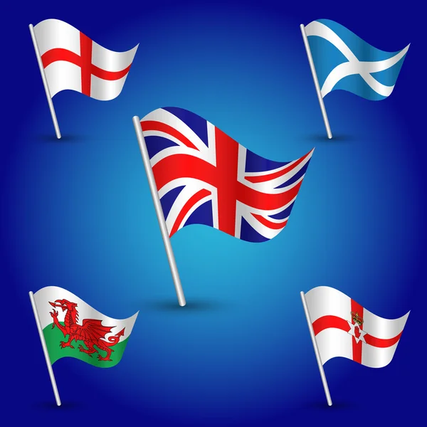 Vector waving simple triangle set flags united kingdom of great britain - flag england, scotland, wales and northem ireland - on pole — Stock Vector