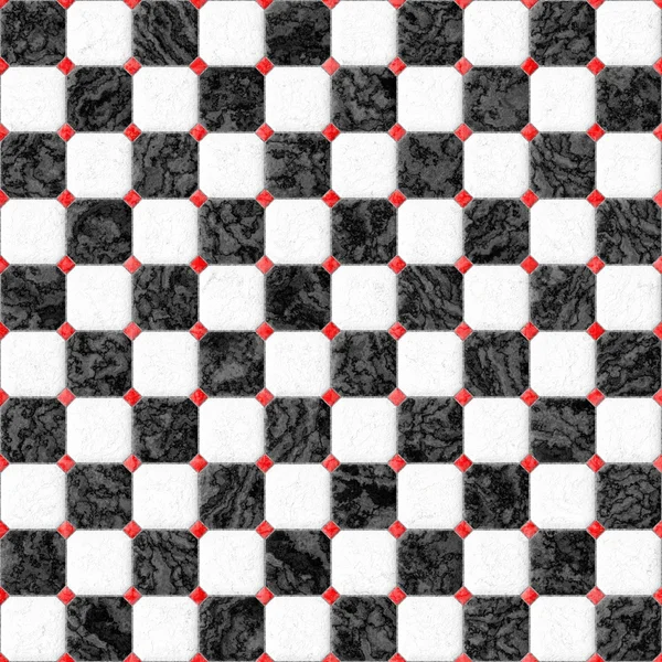Black and white marble square floor tiles with red rhombs and gray gap seamless pattern texture background — Stock Photo, Image