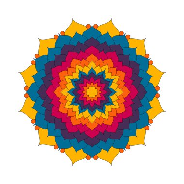 kitap sayfa dairesel desen mandala lotus çiçeği boyama vektör yetişkin renkli - çiçek arka plan - sarı, turuncu, kırmızı ve mavi renkler renkli.