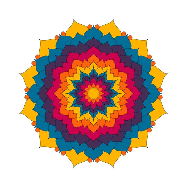 Vector adulto para colorear página del libro patrón circular mandala flor de loto colorido - fondo floral - amarillo, naranja, rojo y azul colores — Vector de stock