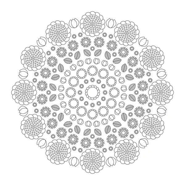 Vecteur adulte coloriage livre page modèle circulaire mandala drôle printemps fleurs noir et blanc - fond floral — Image vectorielle