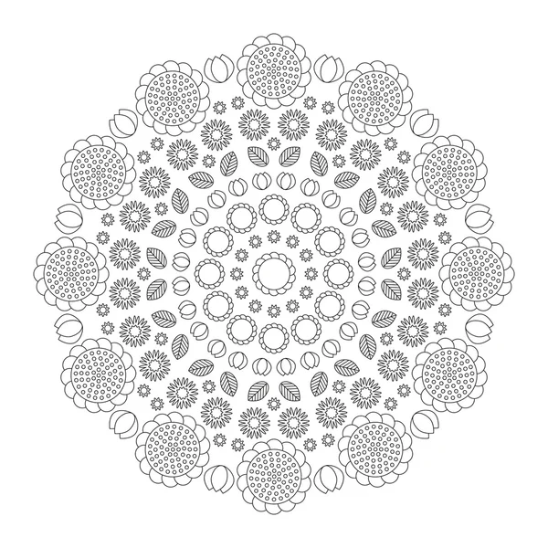 Vettore adulto da colorare libro pagina modello circolare mandala divertente primavera fiori in bianco e nero - sfondo floreale — Vettoriale Stock