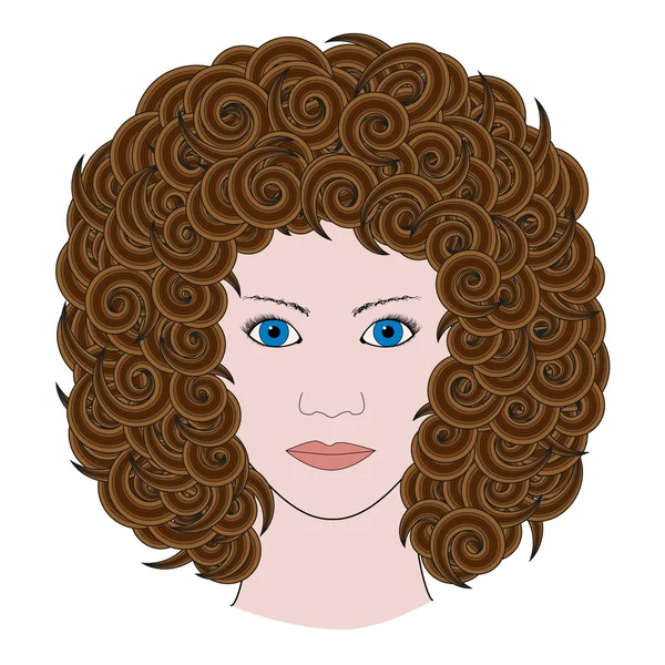 Vetor adulto colorir página do livro retrato de mulher com cabelos castanhos encaracolados coloridos —  Vetores de Stock