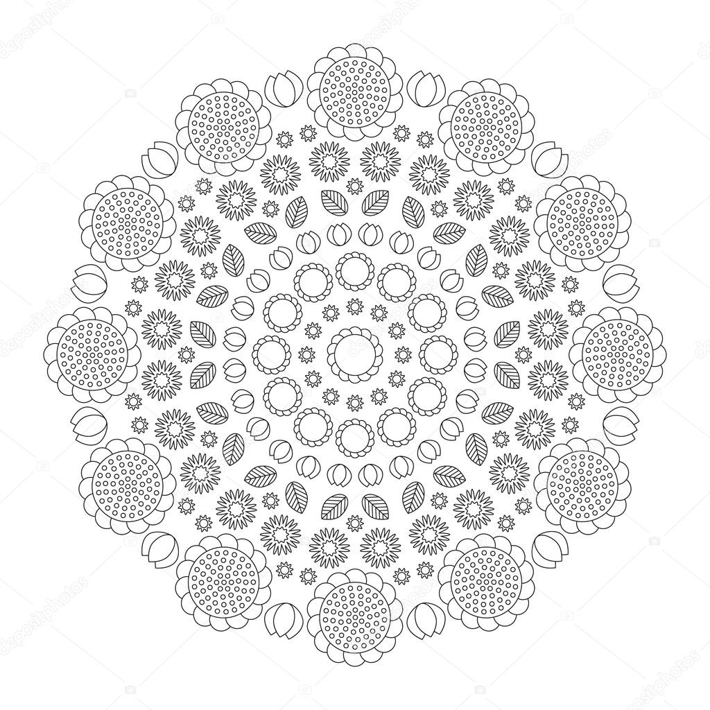 vector adult coloring book page circular pattern mandala  funny spring flowers black and white - floral background