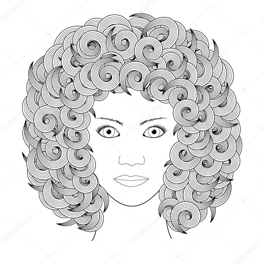 vector adult coloring book page portrait of woman with curly hair black and white