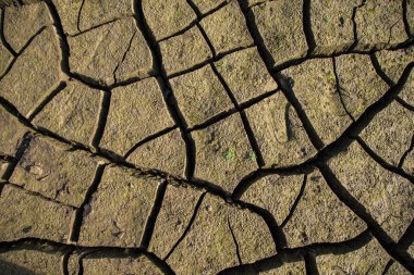 Kurak arazi dokusu, yazlar kuru, çatlamış toprak, tarladaki toprak, bulanık toprak. Küresel ısınma ve sera etkisi kavramı.