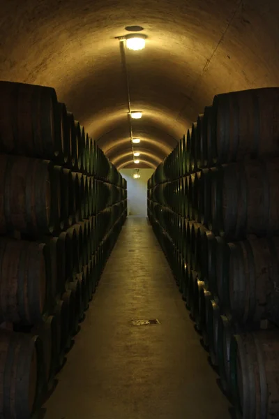 Barris Empilhados Uma Casa Vinho — Fotografia de Stock