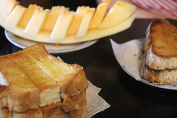 Melão Pão Com Manteiga Café Manhã — Fotografia de Stock