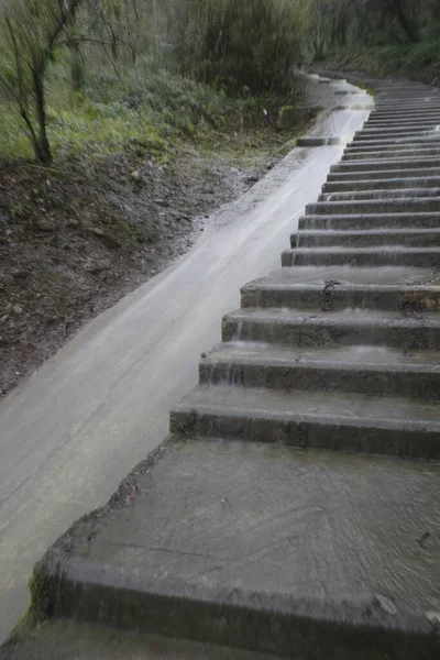 大雨过后 楼梯上有水流 — 图库照片