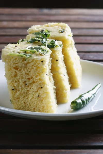 Dhokla - a fermented sweet-sour from Gujarati snack. — Stock Photo, Image