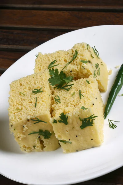 Dhokla - a fermented sweet-sour from Gujarati snack. — Stock Photo, Image