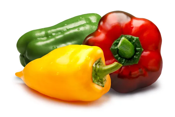 Red, green and yellow sweet bell peppers, paths — Stock Photo, Image