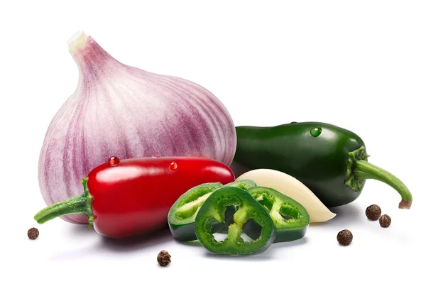 Knoflook, Jalapenos, peperkorrels, paden — Stockfoto