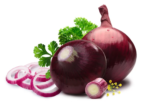 Whole and slice red onion, herbs, paths — Stock Photo, Image