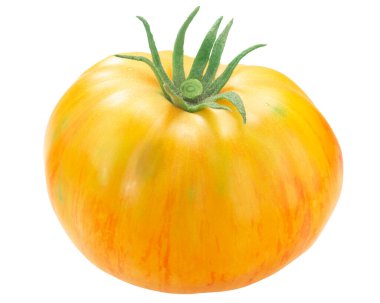 Badem ezmesi altın aile yadigarı domates, sarı w kırmızı çizgileri (Solanum lycopersicum meyvesi), izole edilmiş