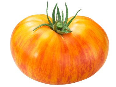 Badem ezmesi altın aile yadigarı domates, sarı w kırmızı çizgileri (Solanum lycopersicum meyvesi), izole edilmiş