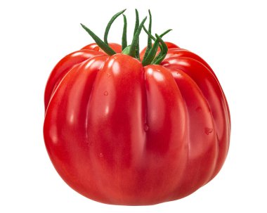 Tırtıklı yadigar domates (Solanum lycopersicum meyvesi), mantar sepeti çeşidi, su damlacıkları ile izole edilmiş