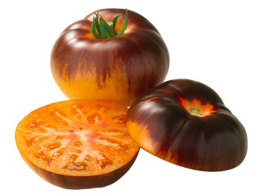 P20 x Beauty King yadigarı domates (Solanum lycopersicum meyvesi), bütün ve yarı yarıya, soyutlanmış