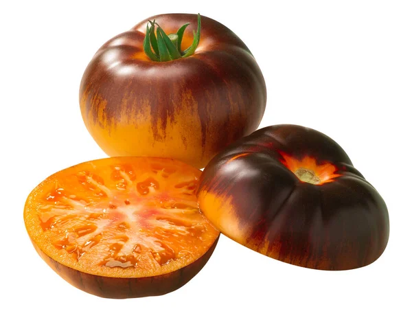 P20 Beauty King Tomate Solanum Lycopersicum Ganz Und Halbiert Isoliert Stockbild