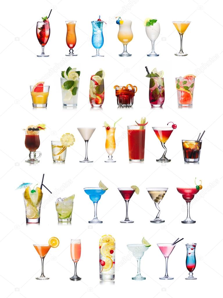 Popular alcoholic cocktails isolated on white