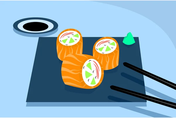 Mesa de sushi con palillos recogiendo un vector de sushi de salmón — Vector de stock