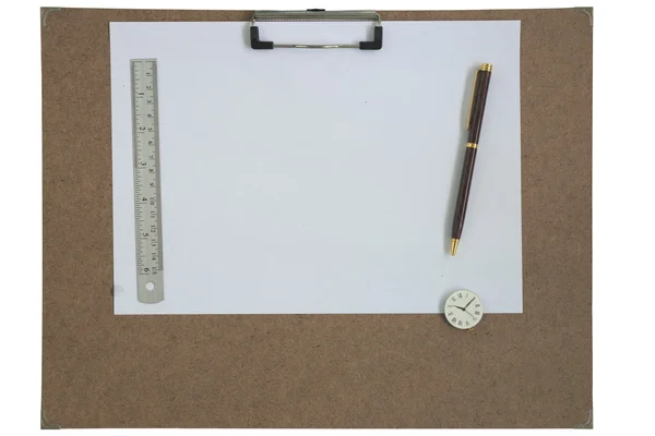 Art board, clock, pen, and ruler isolated white background — Stock Photo, Image