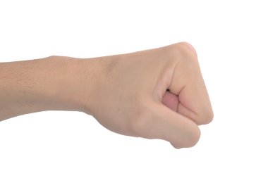 Asya erkek yumruk üzerinde beyaz izole yan görünüm