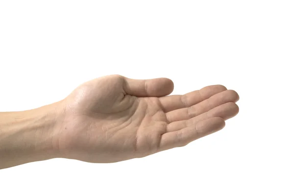 Fechar-se da mão masculina tailandesa com pele de hematoma com gesto de mão "depois de você" isolado em branco — Fotografia de Stock