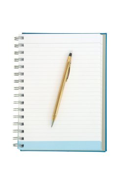 Empty strip line notebook with twisted gold pen on center of the page isolated on white background